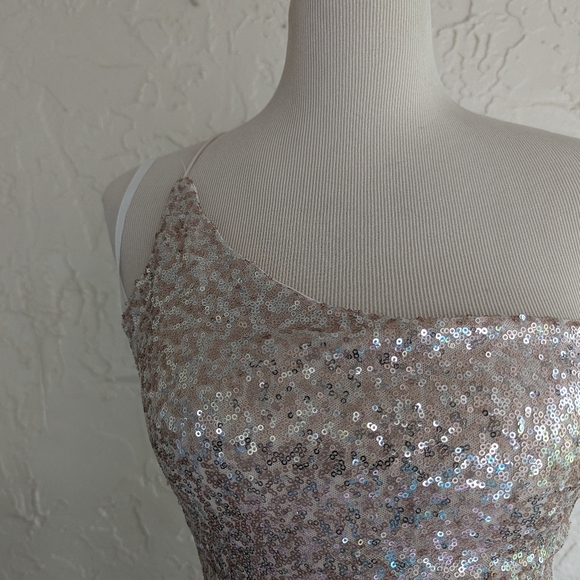 Champagne Sequin Gown, One-Shouldered Spaghetti Strap w/ Sweep Train by B. Smart - Picture 7 of 16